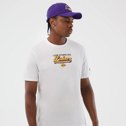 The Male model is wearing LA Lakers NBA Script Back To School White T-Shirt 6