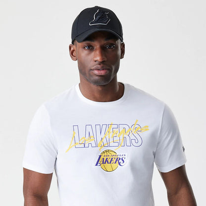 The Male model is wearing LA Lakers NBA Script White T-Shirt 6