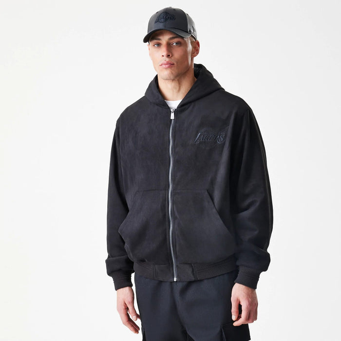 The Male model is wearing LA Lakers NBA Suede Black Hooded Jacket 3