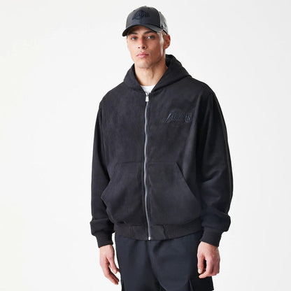 The Male model is wearing LA Lakers NBA Suede Black Hooded Jacket 3