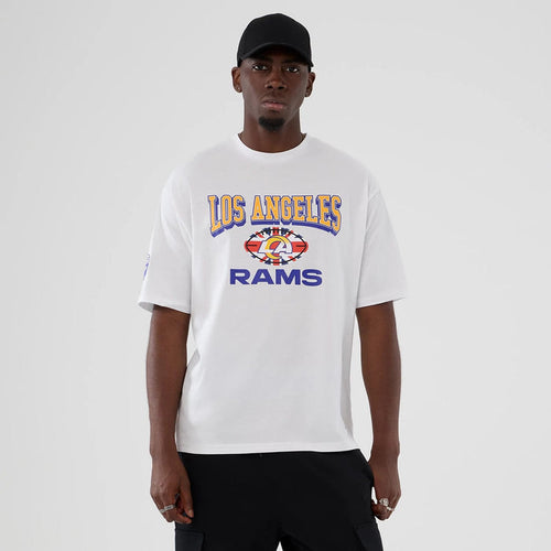 The Male model is wearing LA Rams NFL International Series Games 2025 White Oversized T-Shirt 1