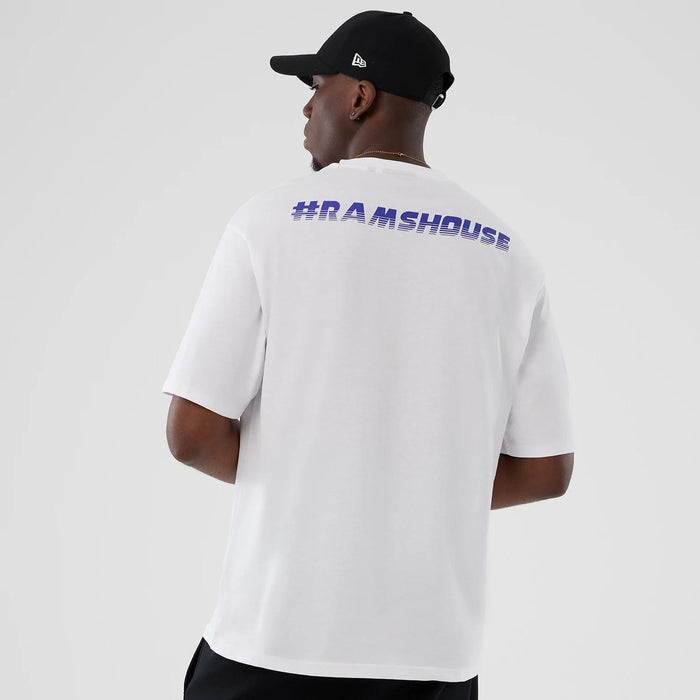 The Male model is wearing LA Rams NFL International Series Games 2025 White Oversized T-Shirt 2