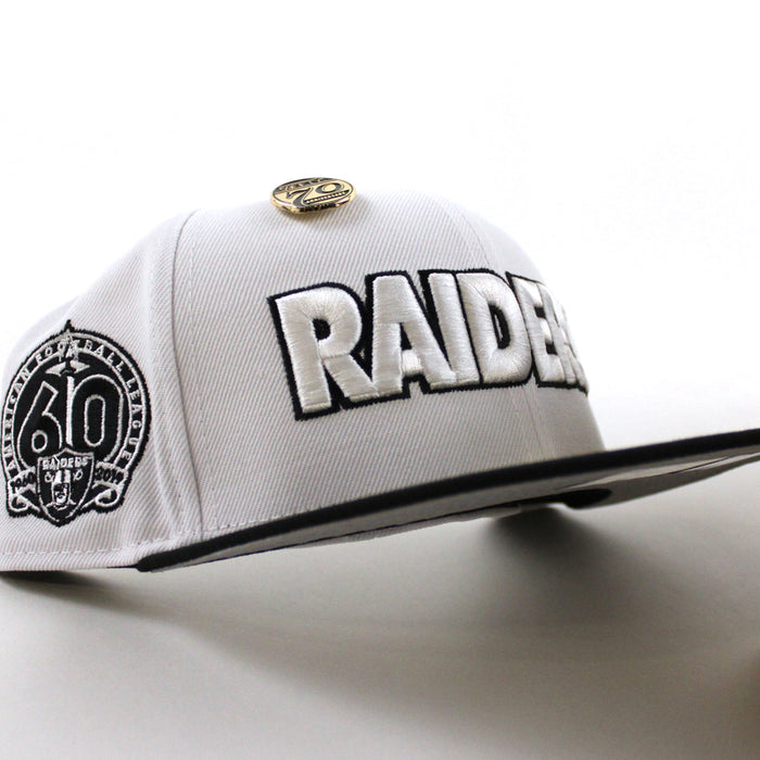 Las Vegas Raiders 5950 Days Super Bowl 60 New Era 59Fifty Fitted Hat (White Gold Black Gray Under Brim)