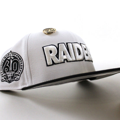 Las Vegas Raiders 5950 Days Super Bowl 60 New Era 59Fifty Fitted Hat (White Gold Black Gray Under Brim)