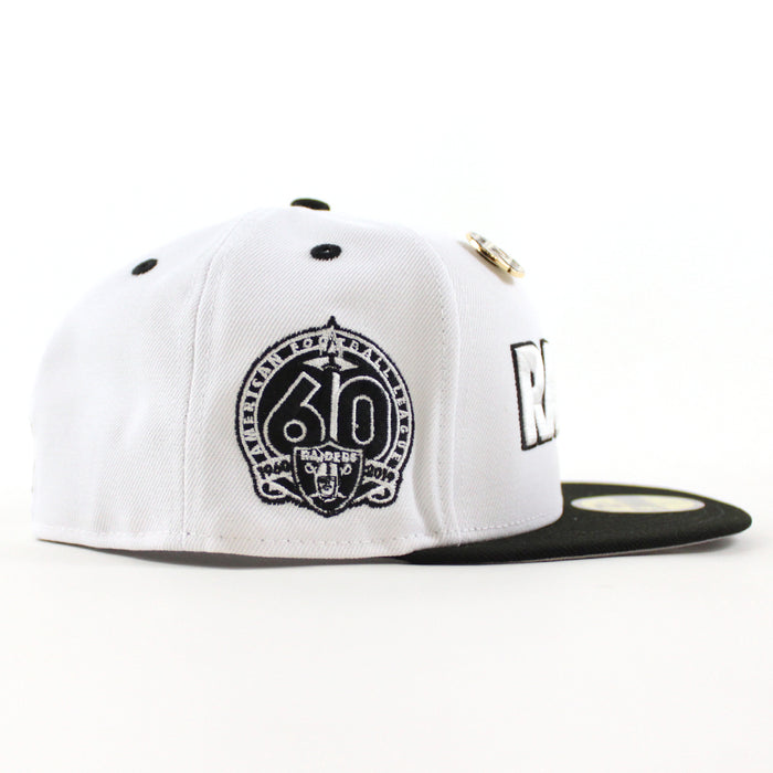 Las Vegas Raiders 5950 Days Super Bowl 60 New Era 59Fifty Fitted Hat (White Gold Black Gray Under Brim)