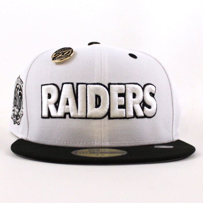 Las Vegas Raiders 5950 Days Super Bowl 60 New Era 59Fifty Fitted Hat (White Gold Black Gray Under Brim)