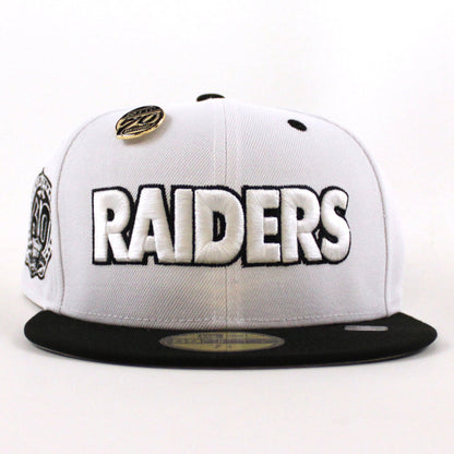 Las Vegas Raiders 5950 Days Super Bowl 60 New Era 59Fifty Fitted Hat (White Gold Black Gray Under Brim)
