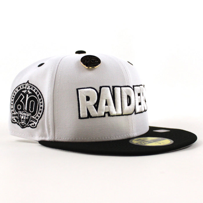 Las Vegas Raiders 5950 Days Super Bowl 60 New Era 59Fifty Fitted Hat (White Gold Black Gray Under Brim)