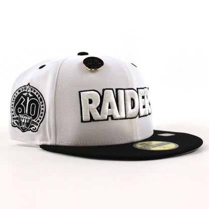 Las Vegas Raiders 5950 Days Super Bowl 60 New Era 59Fifty Fitted Hat (White Gold Black Gray Under Brim)
