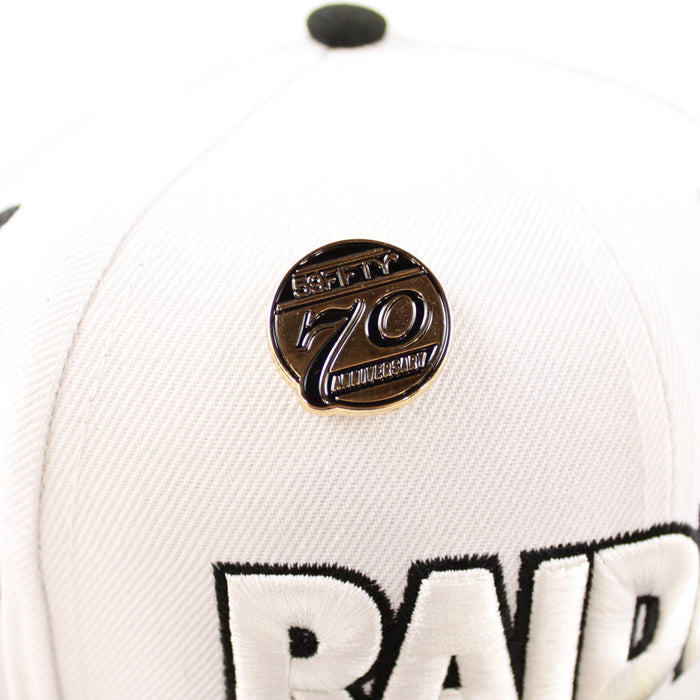Las Vegas Raiders 5950 Days Super Bowl 60 New Era 59Fifty Fitted Hat (White Gold Black Gray Under Brim)