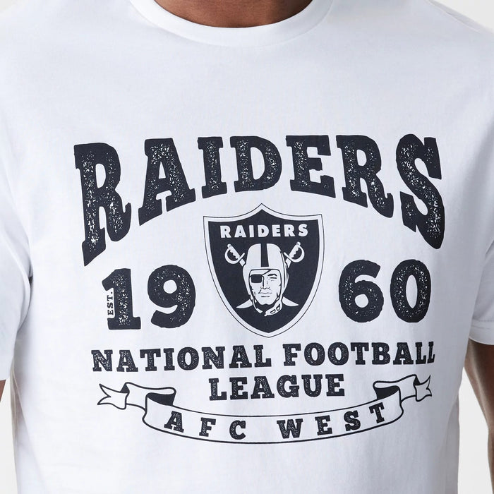 The Male model is wearing Las Vegas Raiders NFL Stack Arch Logo White T-Shirt 4