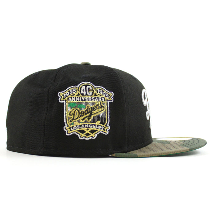 Los Angeles Dodgers 40th Anniversary New Era 59Fifty Fitted Hat (Black Woodland Camo Green Under Brim)