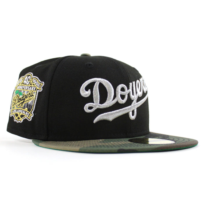 Los Angeles Dodgers 40th Anniversary New Era 59Fifty Fitted Hat (Black Woodland Camo Green Under Brim)
