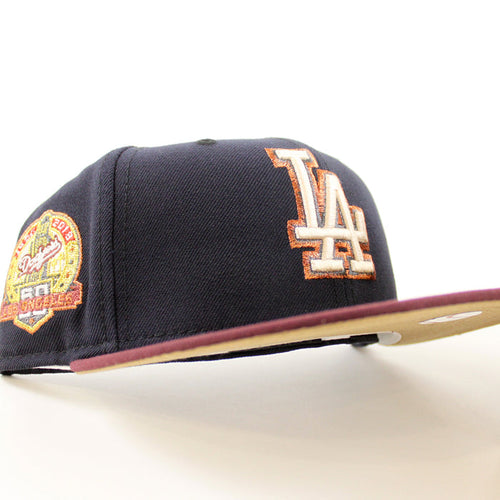 Los Angeles Dodgers 50th Anniversary DODGERS STADIUM New Era 59Fifty Fitted Hat (Navy Maroon Khaki Under Brim)
