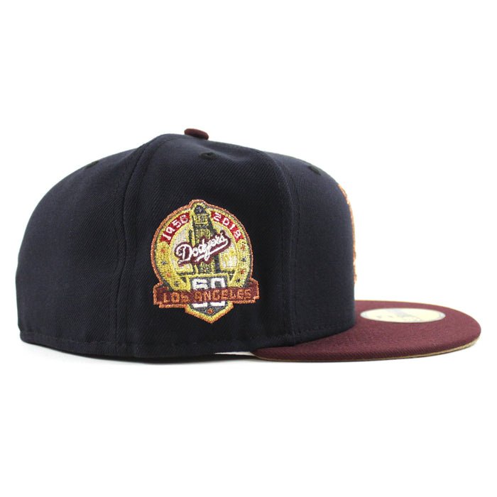 Los Angeles Dodgers 50th Anniversary DODGERS STADIUM New Era 59Fifty Fitted Hat (Navy Maroon Khaki Under Brim)