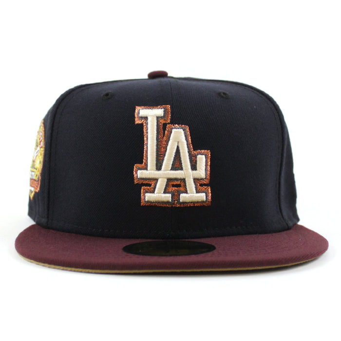 Los Angeles Dodgers 50th Anniversary DODGERS STADIUM New Era 59Fifty Fitted Hat (Navy Maroon Khaki Under Brim)