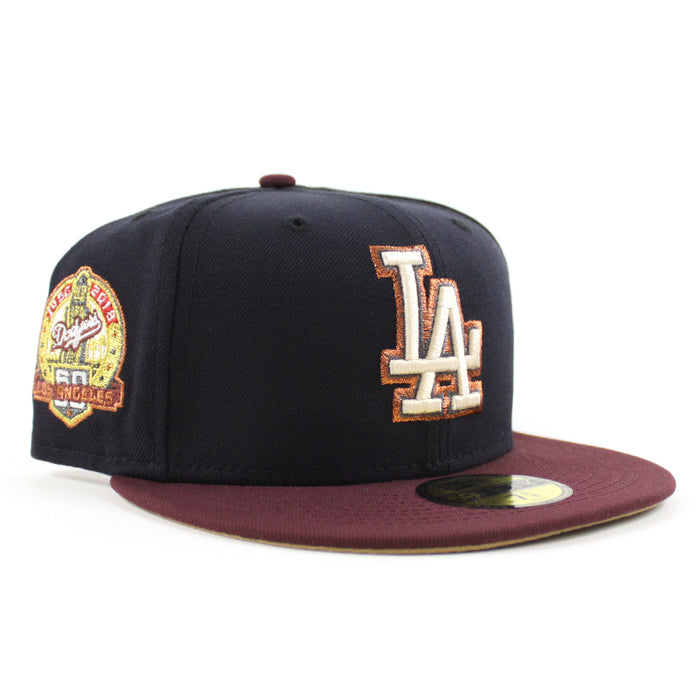 Los Angeles Dodgers 50th Anniversary DODGERS STADIUM New Era 59Fifty Fitted Hat (Navy Maroon Khaki Under Brim)