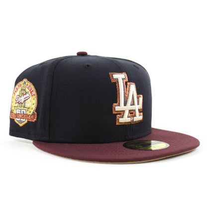 Los Angeles Dodgers 50th Anniversary DODGERS STADIUM New Era 59Fifty Fitted Hat (Navy Maroon Khaki Under Brim)