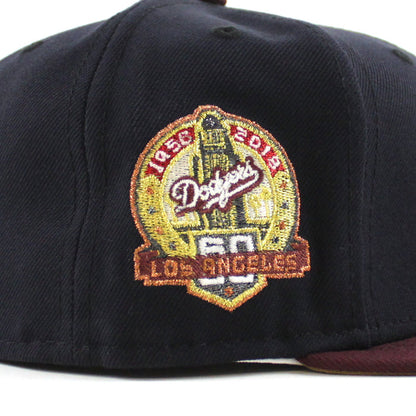 Los Angeles Dodgers 50th Anniversary DODGERS STADIUM New Era 59Fifty Fitted Hat (Navy Maroon Khaki Under Brim)