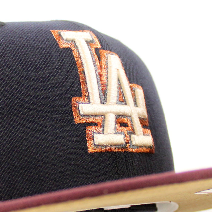 Los Angeles Dodgers 50th Anniversary DODGERS STADIUM New Era 59Fifty Fitted Hat (Navy Maroon Khaki Under Brim)