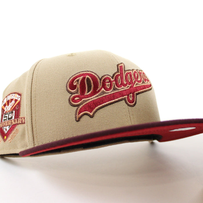 Los Angeles Dodgers 50th Anniversary New Era 59Fifty Fitted Hat (Camel Maroon Pinot Red Under Brim)
