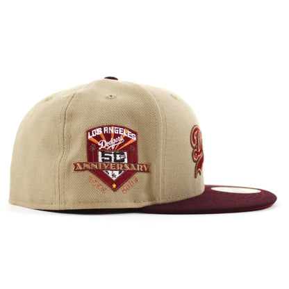 Los Angeles Dodgers 50th Anniversary New Era 59Fifty Fitted Hat (Camel Maroon Pinot Red Under Brim)