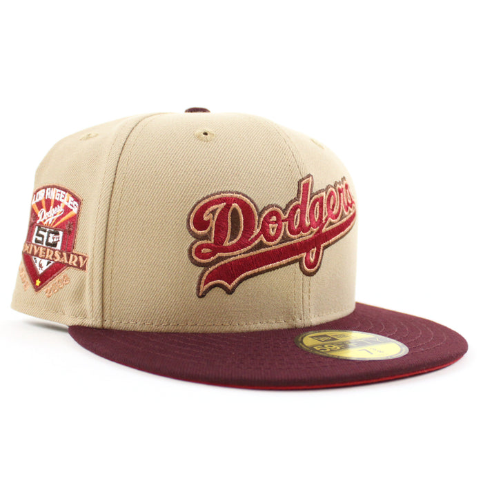 Los Angeles Dodgers 50th Anniversary New Era 59Fifty Fitted Hat (Camel Maroon Pinot Red Under Brim)