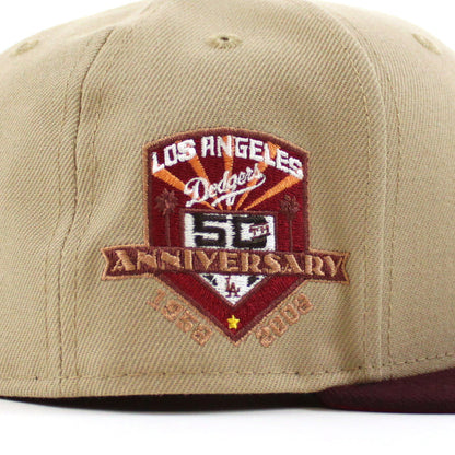 Los Angeles Dodgers 50th Anniversary New Era 59Fifty Fitted Hat (Camel Maroon Pinot Red Under Brim)