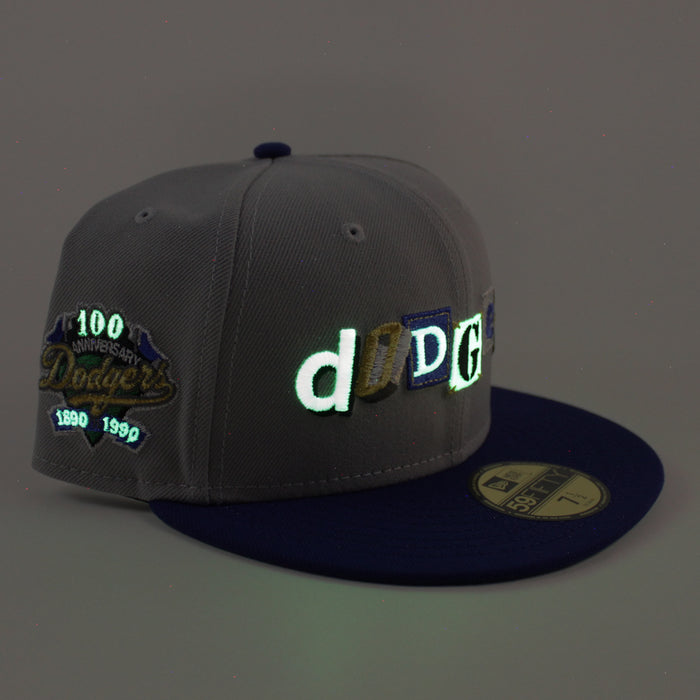 Los Angeles Dodgers Death Note 100 Years Patch New Era 59Fifty Fitted Hat (Gray Royal Blue Green Under Brim)