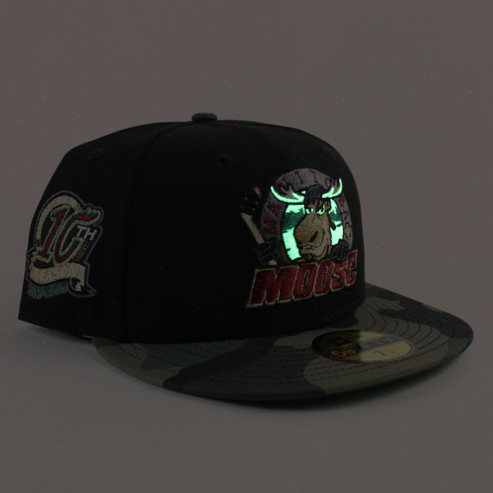 MANITOBA MOOSE 10TH SEASON AMERICAN HOCKEY LEAGUE New Era 59Fifty Fitted Hat (Black WoodLand Camo Green Under Brim)
