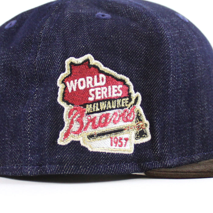 Milwaukee Braves 1957 WORLD SERIES New Era 59Fifty Fitted Hat (Dark Navy Corduroy Brown Green UNDER BRIM)