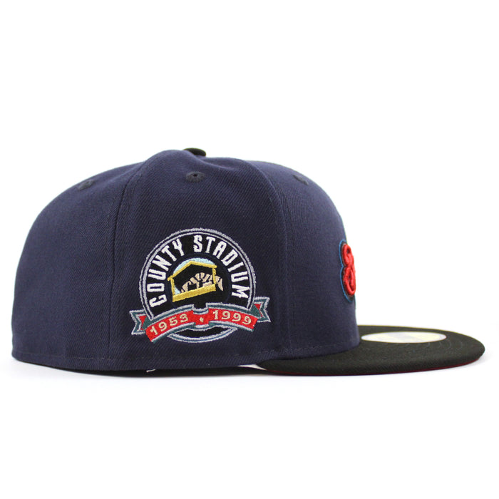 Milwaukee Brewers COUNTY STADIUM New Era 59Fifty Fitted Hat (Glow in the Dark Navy Black Cardinal Under Brim)
