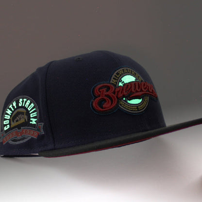 Milwaukee Brewers COUNTY STADIUM New Era 59Fifty Fitted Hat (Glow in the Dark Navy Black Cardinal Under Brim)