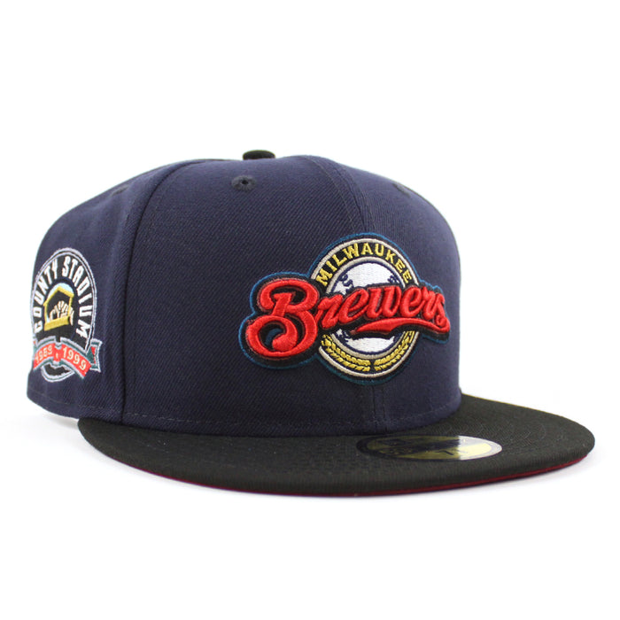 Milwaukee Brewers COUNTY STADIUM New Era 59Fifty Fitted Hat (Glow in the Dark Navy Black Cardinal Under Brim)
