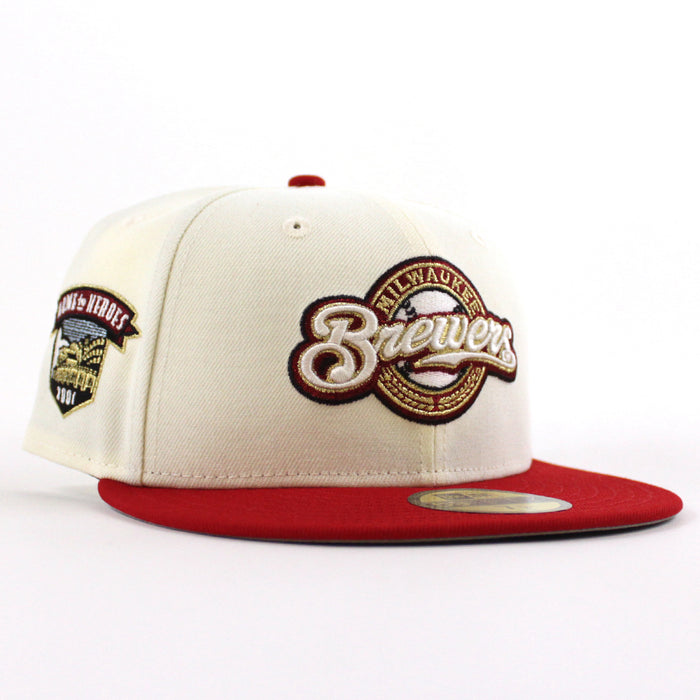 Milwaukee Brewers Home of Heros New Era 59Fifty Fitted Hat (Chrome White Red Gray Under Brim)