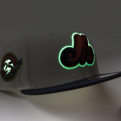 Montreal Expos 25TH Anniversary New Era Fitted 59Fifty Hat (CHROME WHITE NIGHT SHIFT NAVY LIGHT BRONZE Underbrim)