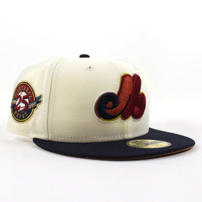 Montreal Expos 25TH Anniversary New Era Fitted 59Fifty Hat (CHROME WHITE NIGHT SHIFT NAVY LIGHT BRONZE Underbrim)