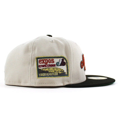 Montreal Expos Olympic Stadium Patch New Era Fitted 59Fifty Hat (CHROME WHITE Black Green Underbrim)