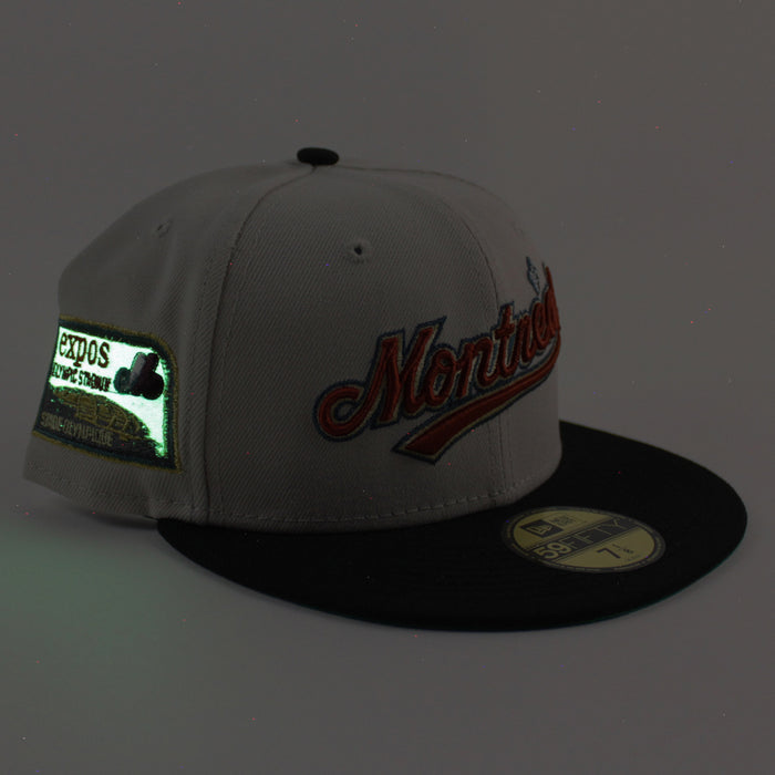 Montreal Expos Olympic Stadium Patch New Era Fitted 59Fifty Hat (CHROME WHITE Black Green Underbrim)