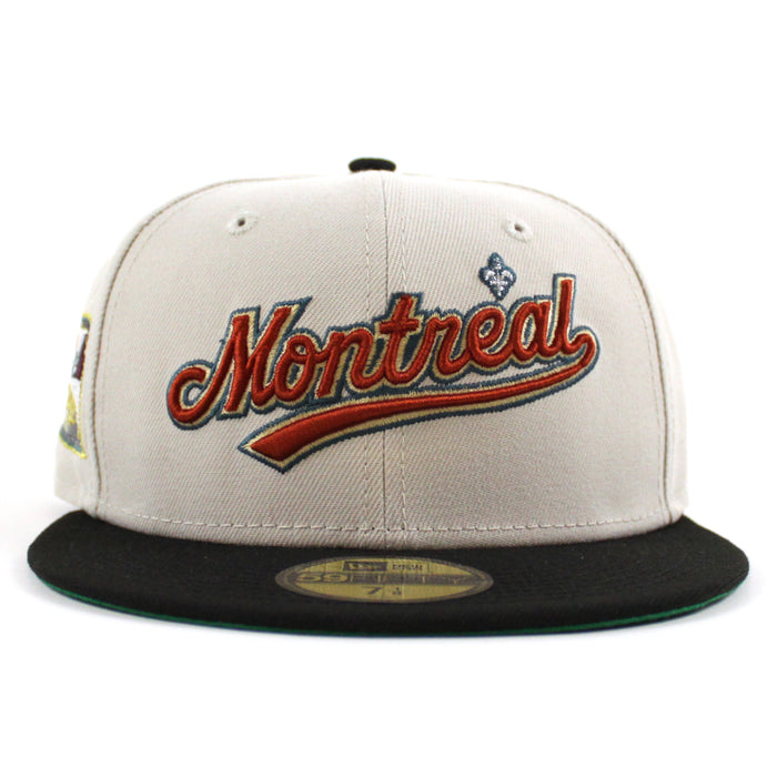 Montreal Expos Olympic Stadium Patch New Era Fitted 59Fifty Hat (CHROME WHITE Black Green Underbrim)