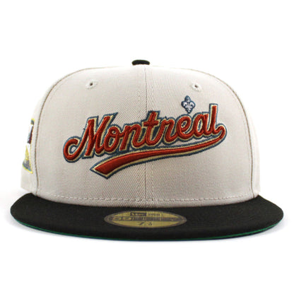 Montreal Expos Olympic Stadium Patch New Era Fitted 59Fifty Hat (CHROME WHITE Black Green Underbrim)
