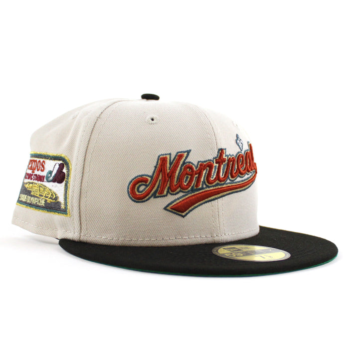 Montreal Expos Olympic Stadium Patch New Era Fitted 59Fifty Hat (CHROME WHITE Black Green Underbrim)