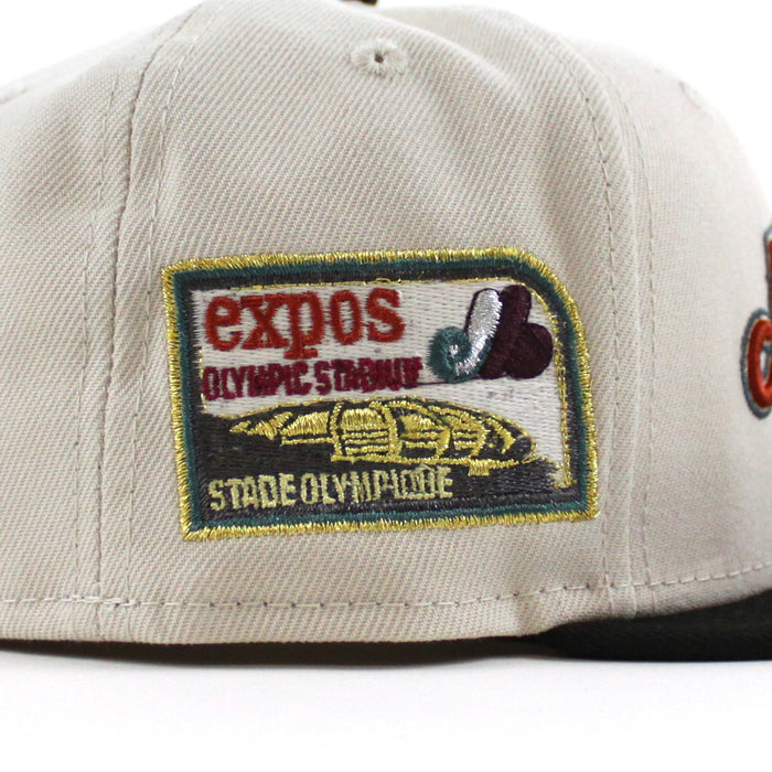 Montreal Expos Olympic Stadium Patch New Era Fitted 59Fifty Hat (CHROME WHITE Black Green Underbrim)
