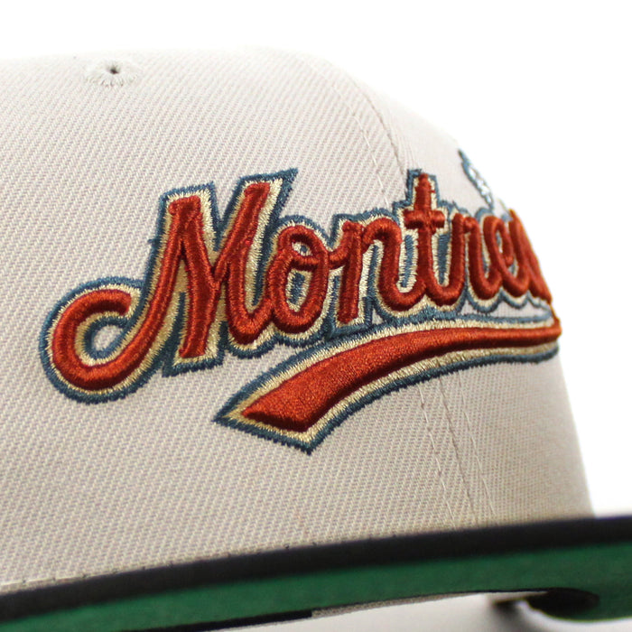 Montreal Expos Olympic Stadium Patch New Era Fitted 59Fifty Hat (CHROME WHITE Black Green Underbrim)