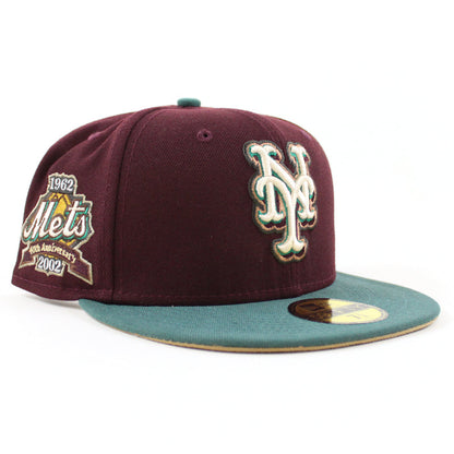 New York Mets 1962 METS 40TH ANNIVERSARY 2002 New Era 59Fifty Fitted Hat (MAROON PINE NEEDLE GREEN KHAKI Under Brim)