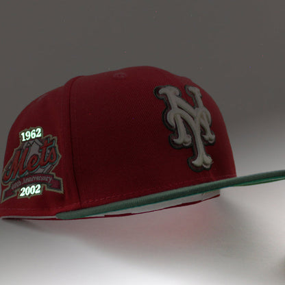 New York Mets 40TH ANNIVERSARY 1962-2002 New Era 59Fifty Fitted Hat (Scarlet Cilantro Green Under Brim)