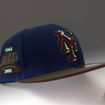 New York Mets 40TH ANNIVERSARY New Era 59Fifty Fitted Hat (Glow in the Dark SongBird Walnut Pinot Red Under Brim)