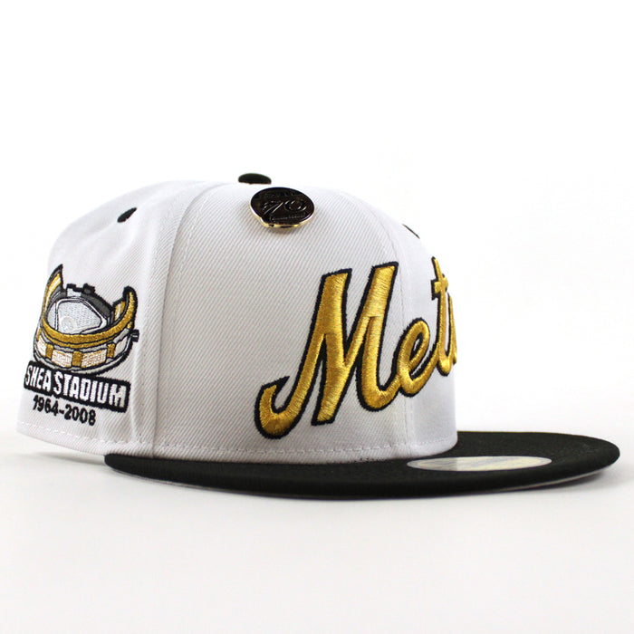 New York Mets 5950 Days Shea Stadium New Era 59Fifty Fitted Hat (White Gold Black Gray Under Brim)