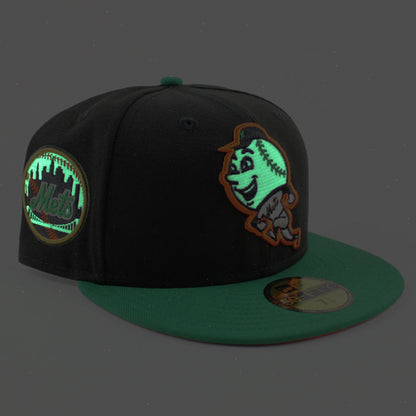 New York Mets Mets Skyline New Era 59Fifty Fitted Hat (GITD Black Kelly Green Orange Under Brim)