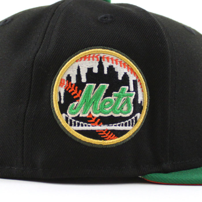 New York Mets Mets Skyline New Era 59Fifty Fitted Hat (GITD Black Kelly Green Orange Under Brim)